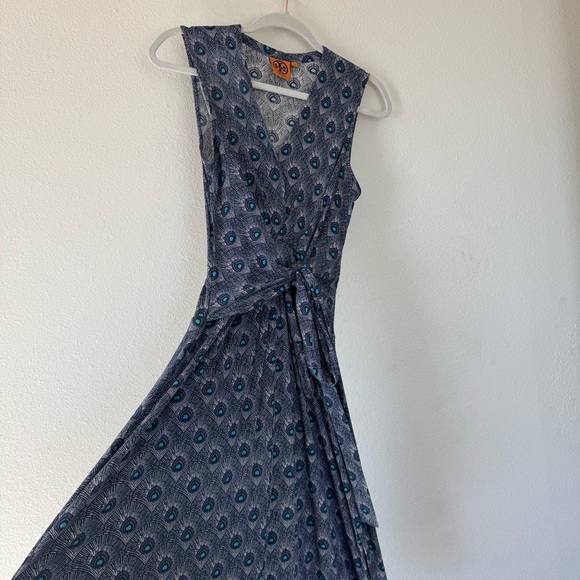 Tory Burch 100% Silk Wrap Dress Peacock Feather Print Sleeveless Purple Blue S - Picture 4 of 13